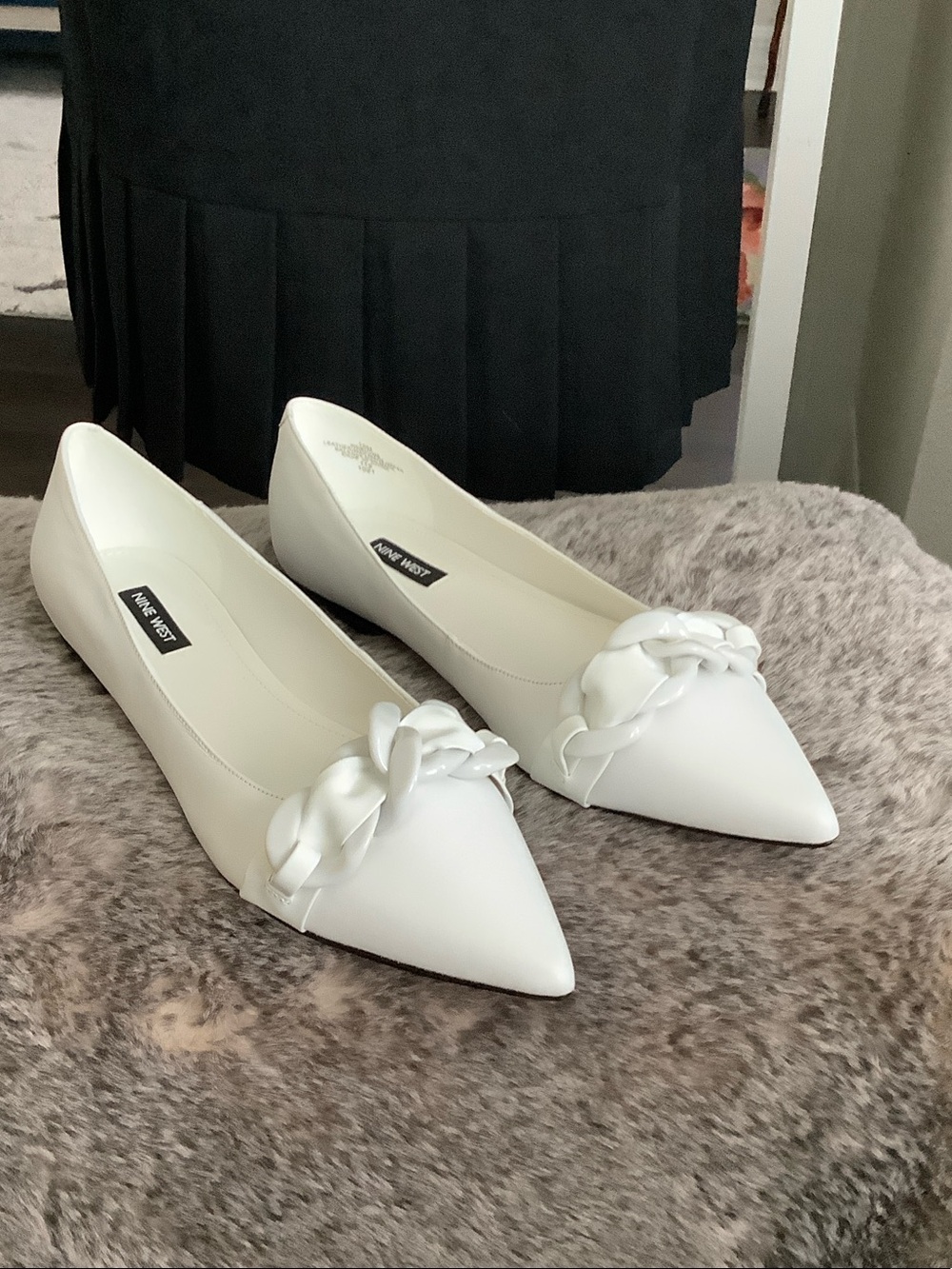 Nine West leather White Pointed-Toe Flats with Braided Strap